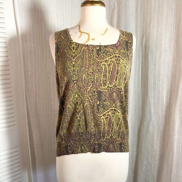 Y2k Liz Claiborne Two Piece Abstract Beige Green Cardigan Set - Size X/XL - Picture 2 of 6